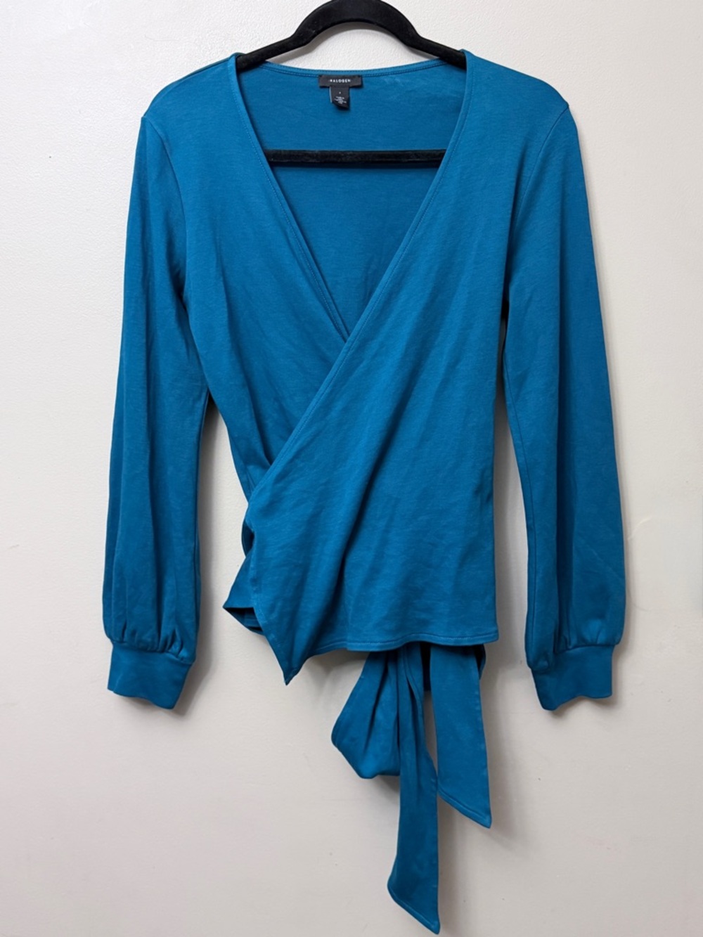 Halogen Soft Long Sleeve Tie Waist Wrap Top Teal Size Small